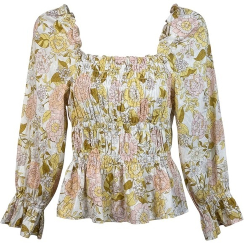 Who What Wear 100% Cotton Floral Smocked Peplum Blouse Size S